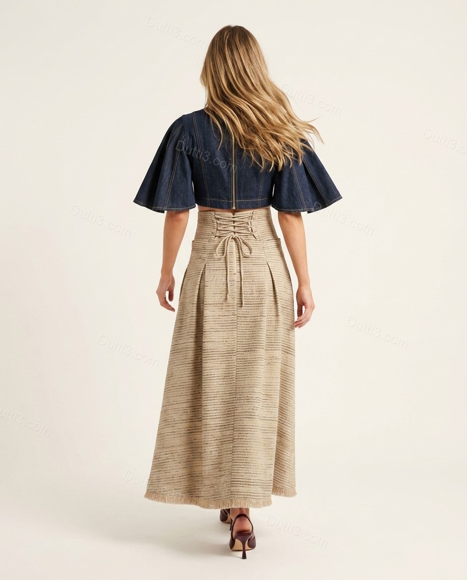 Beige Striped Maxi Pleated Skirt Set, back studio view showing skirt features a corset-style lace-up back detail, by Dutti3