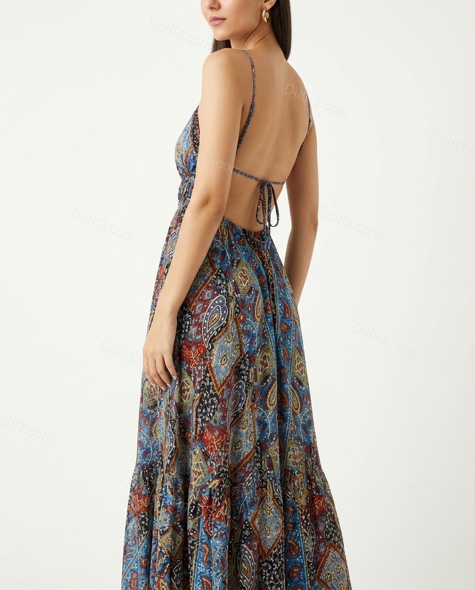 Blue Paisley Maxi Open-Back Dress, back studio view showing open back design with thin straps, by Dutti3