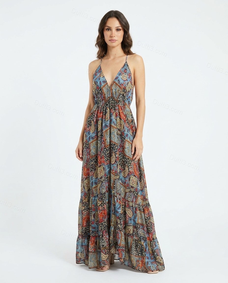Blue Paisley Maxi Open-Back Dress, front studio view, by Dutti3