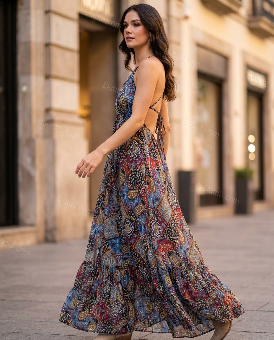 Blue Paisley Maxi Open-Back Dress, alternate use-case lifestyle view, by Dutti3