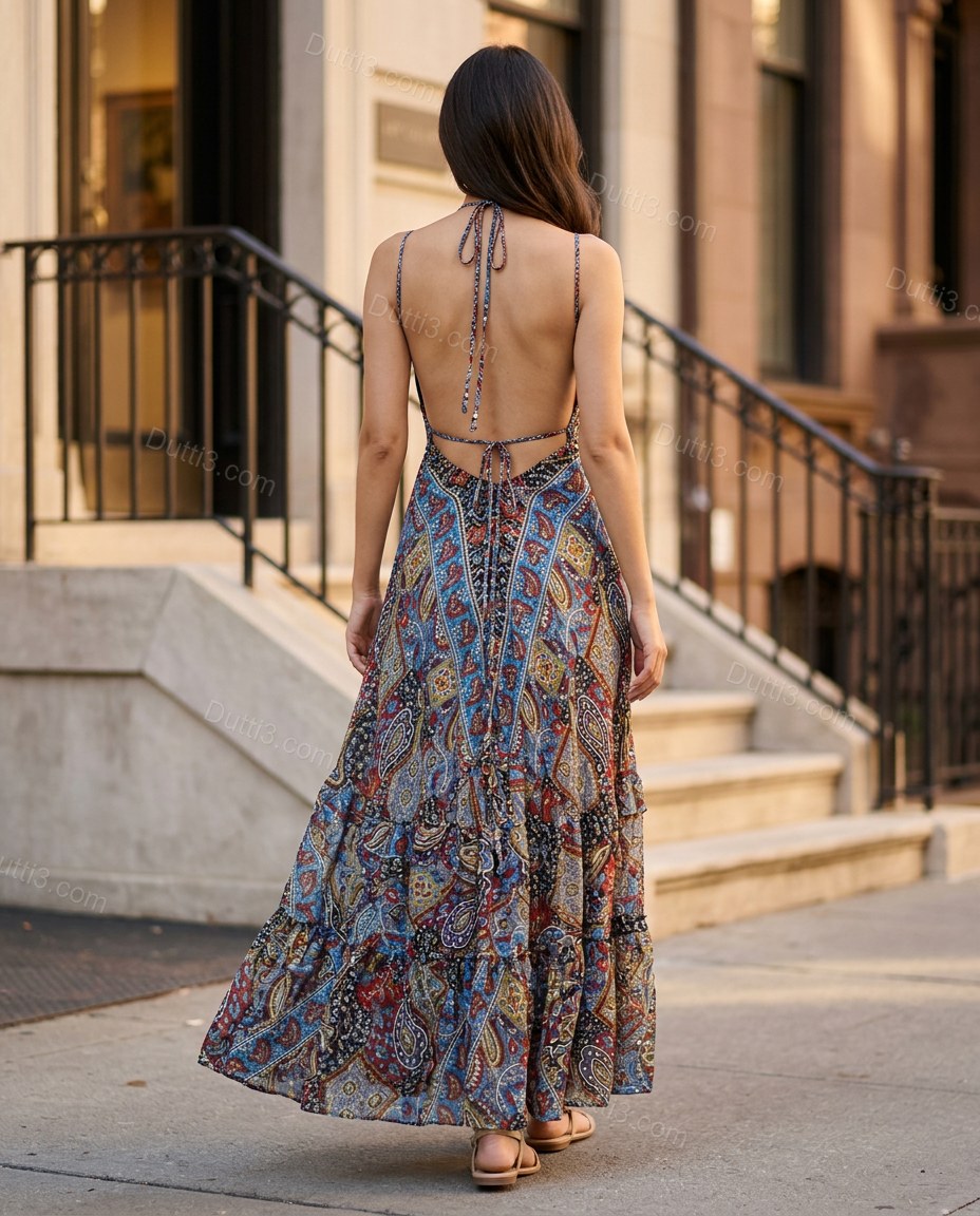 Blue Paisley Maxi Open-Back Dress, walking lifestyle view, by Dutti3