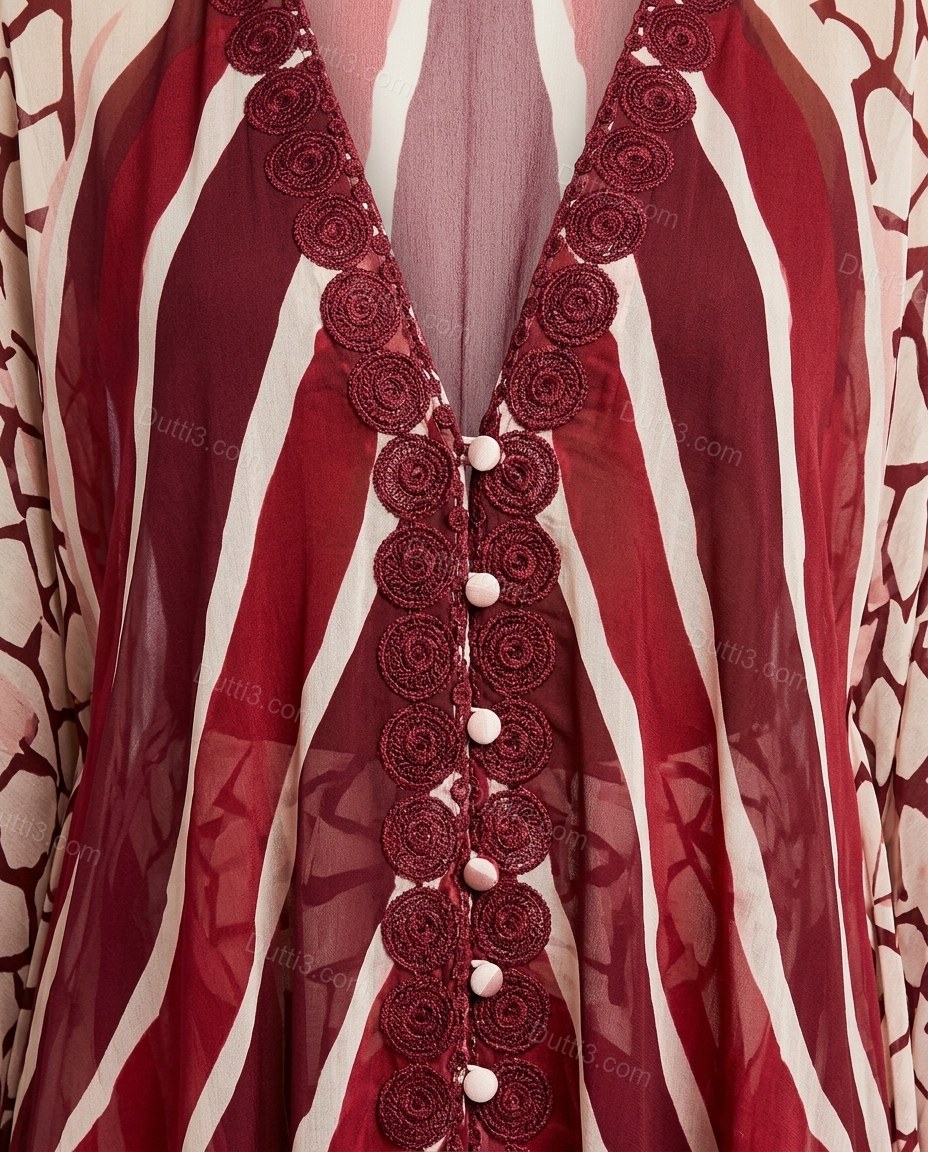 Deep Burgundy Red Geometric Maxi Cape Dress, close-up of geometric, by Dutti3