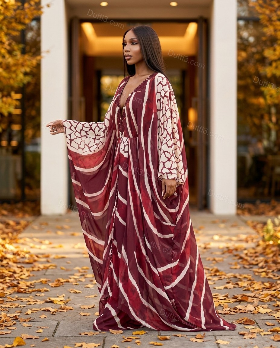 Deep Burgundy Red Geometric Maxi Cape Dress, three-quarter brand lifestyle view, by Dutti3