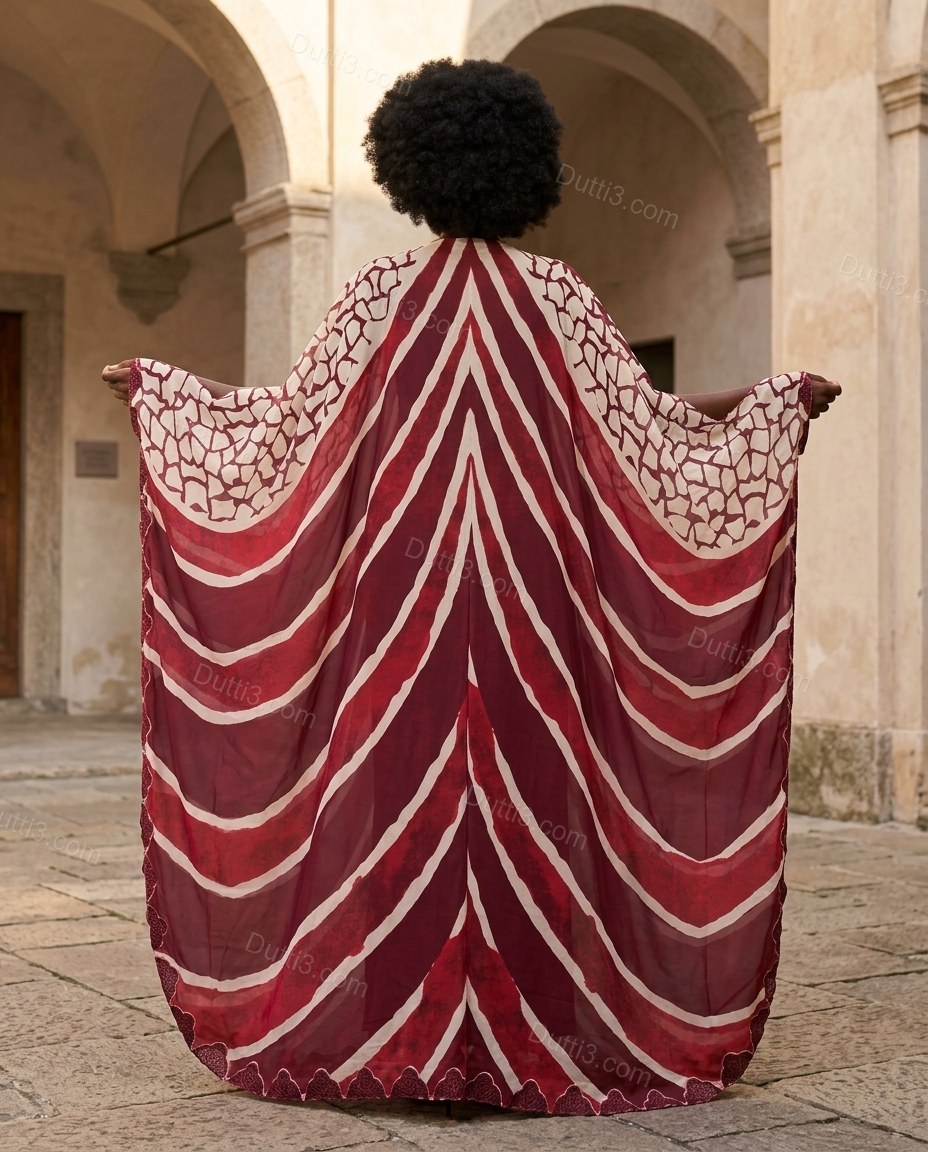 Deep Burgundy Red Geometric Maxi Cape Dress, alternate use-case lifestyle view, by Dutti3