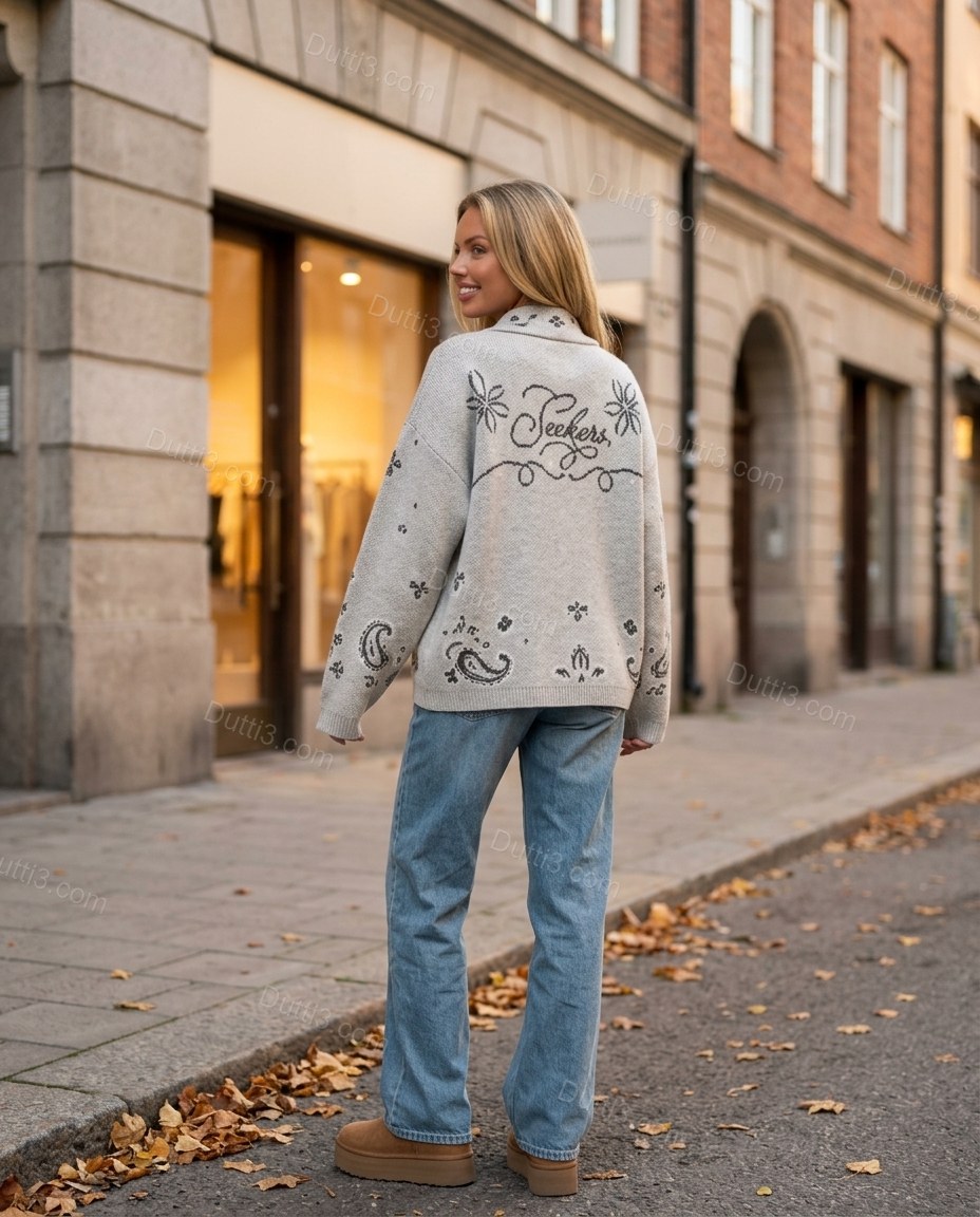 Light Gray Geometric Knit Ribbed Outerwear, walking lifestyle view, by Dutti3