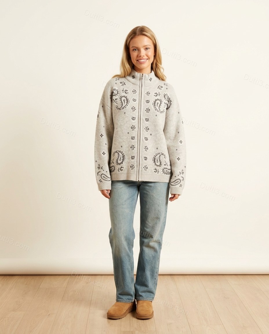 Light Gray Geometric Knit Ribbed Outerwear, front studio view, by Dutti3