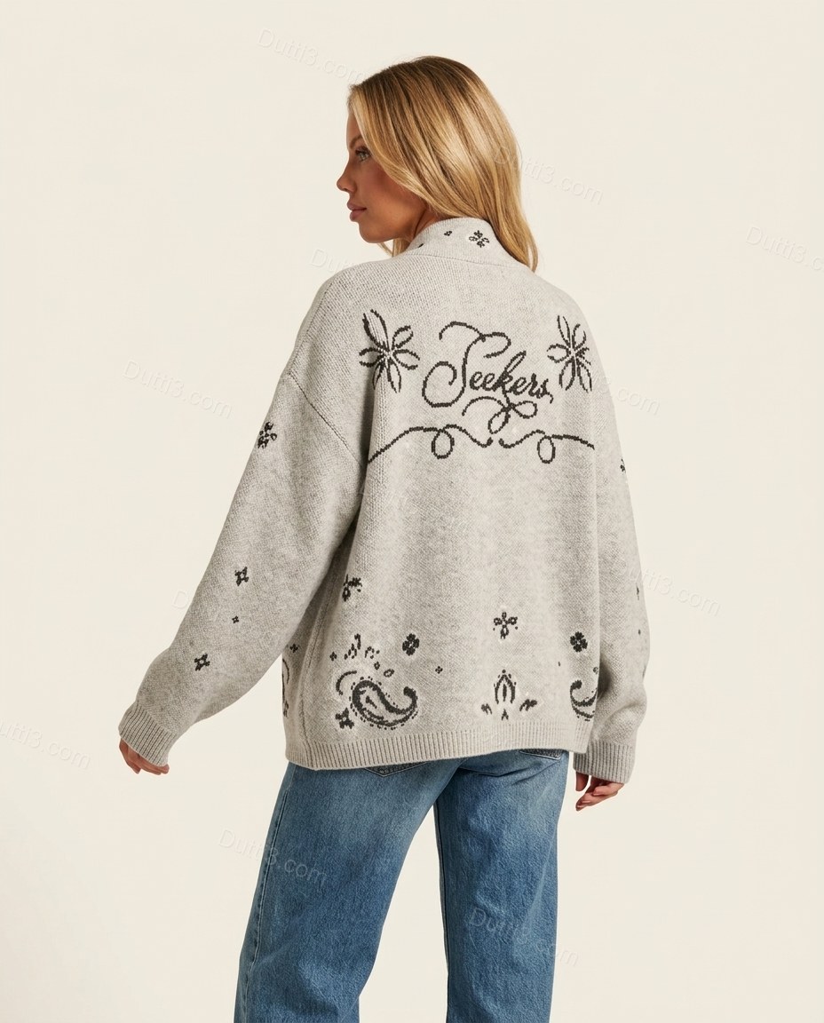 Light Gray Geometric Knit Ribbed Outerwear, back studio view showing features 'seekers' text and paisley print, by Dutti3