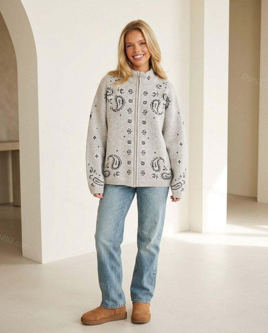 Light Gray Geometric Knit Ribbed Outerwear, full-length hero view, by Dutti3