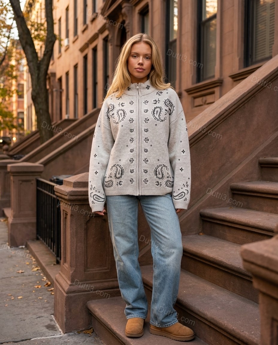Light Gray Geometric Knit Ribbed Outerwear, alternate use-case lifestyle view, by Dutti3