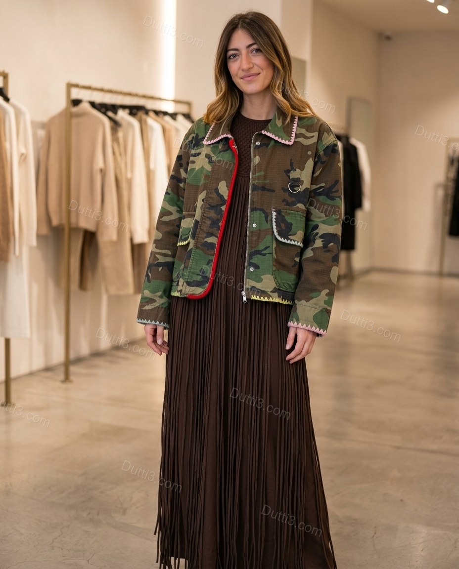 Camouflage Green and Brown Fringe Jacket, full-length hero view, by Dutti3