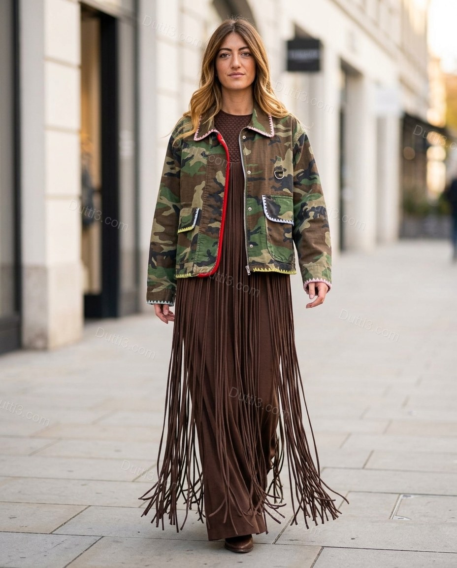 Camouflage Green and Brown Fringe Jacket, alternate use-case lifestyle view, by Dutti3