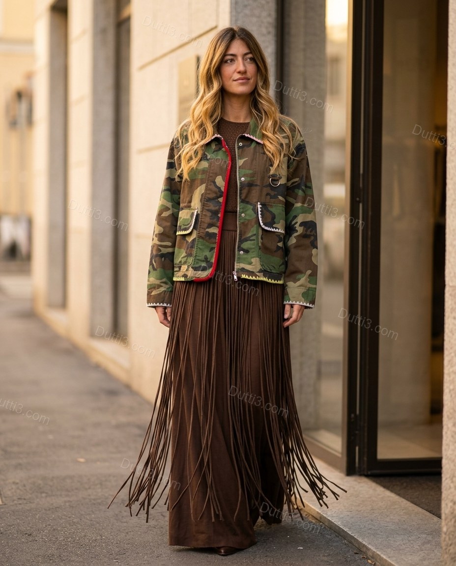 Camouflage Green and Brown Fringe Jacket, three-quarter brand lifestyle view, by Dutti3