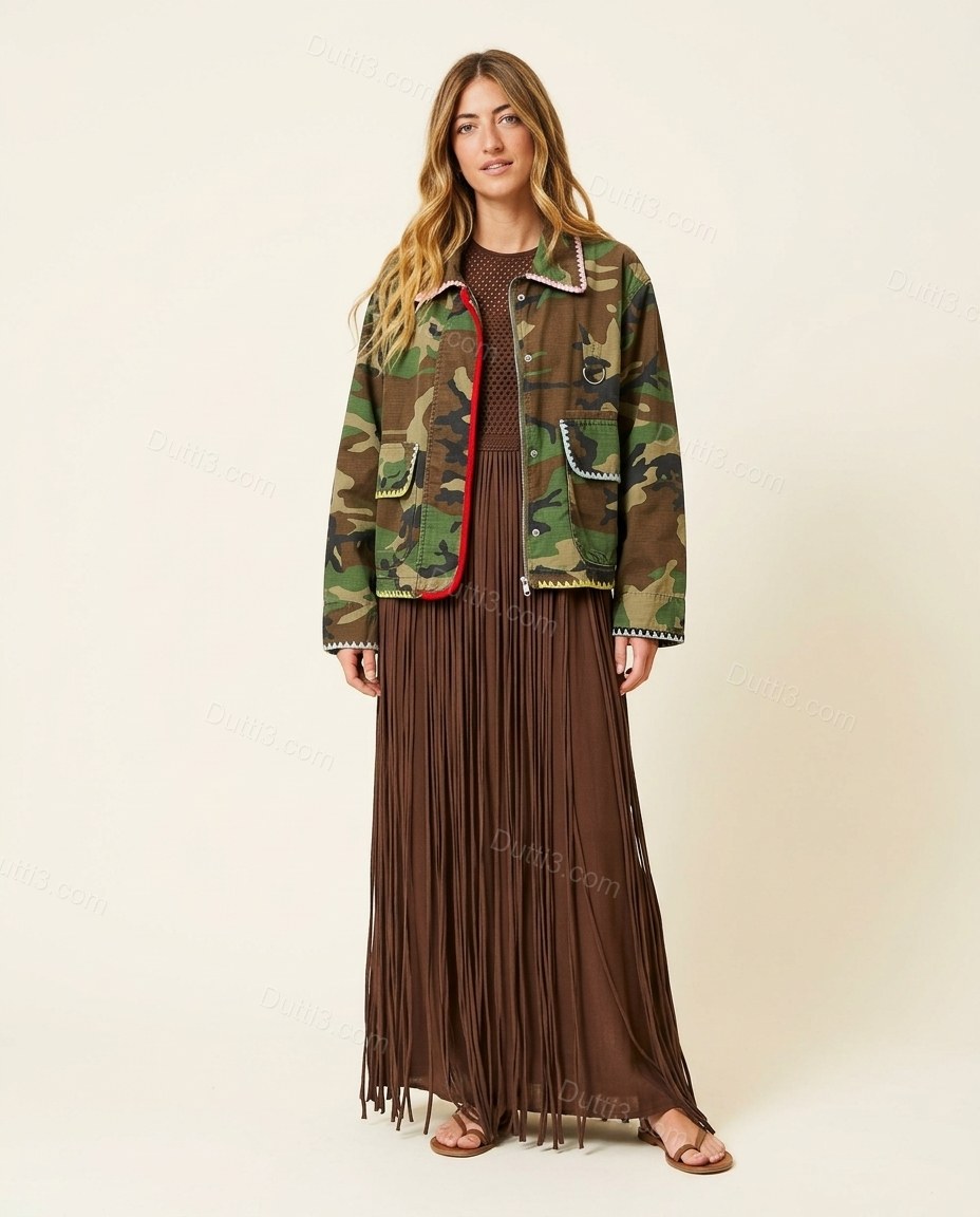 Camouflage Green and Brown Fringe Jacket, front studio view, by Dutti3