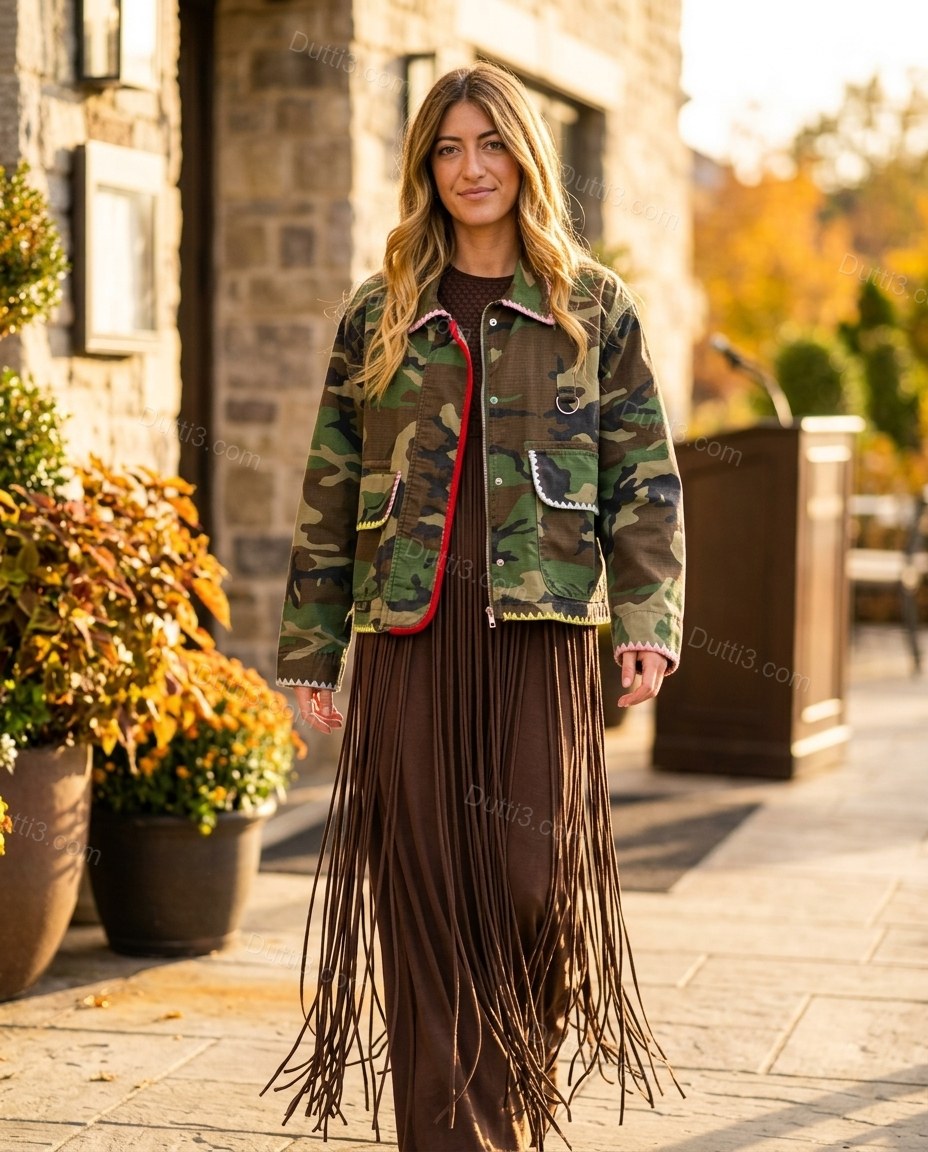 Camouflage Green and Brown Fringe Jacket, movement and fit lifestyle view, by Dutti3