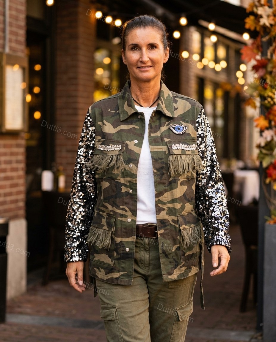 Olive Green Jacket, movement and fit lifestyle view, by Dutti3