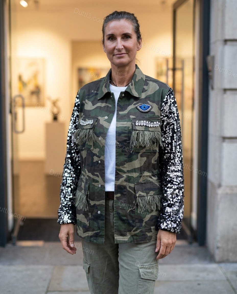 Olive Green Jacket, three-quarter brand lifestyle view, by Dutti3