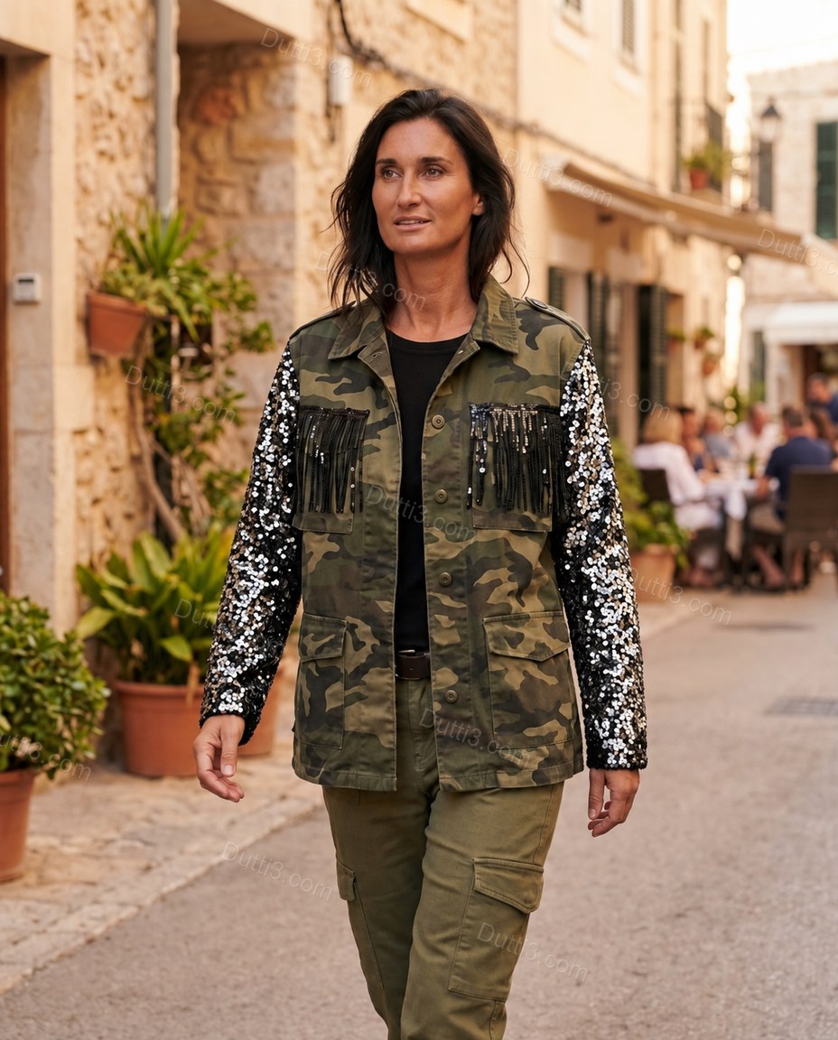 Olive Green Jacket, walking lifestyle view, by Dutti3