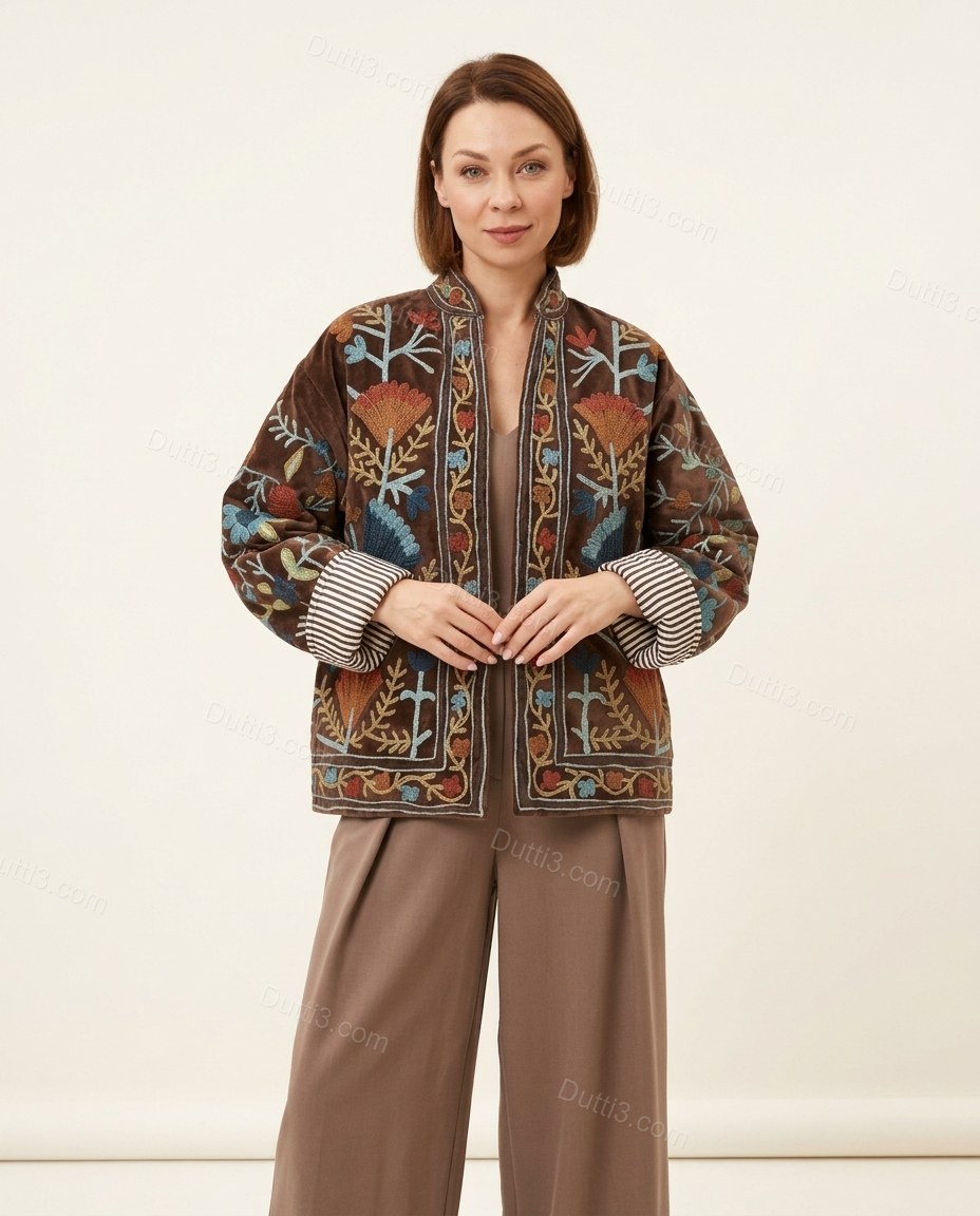 Brown Floral Embroidered Velvet Jacket, front studio view, by Dutti3