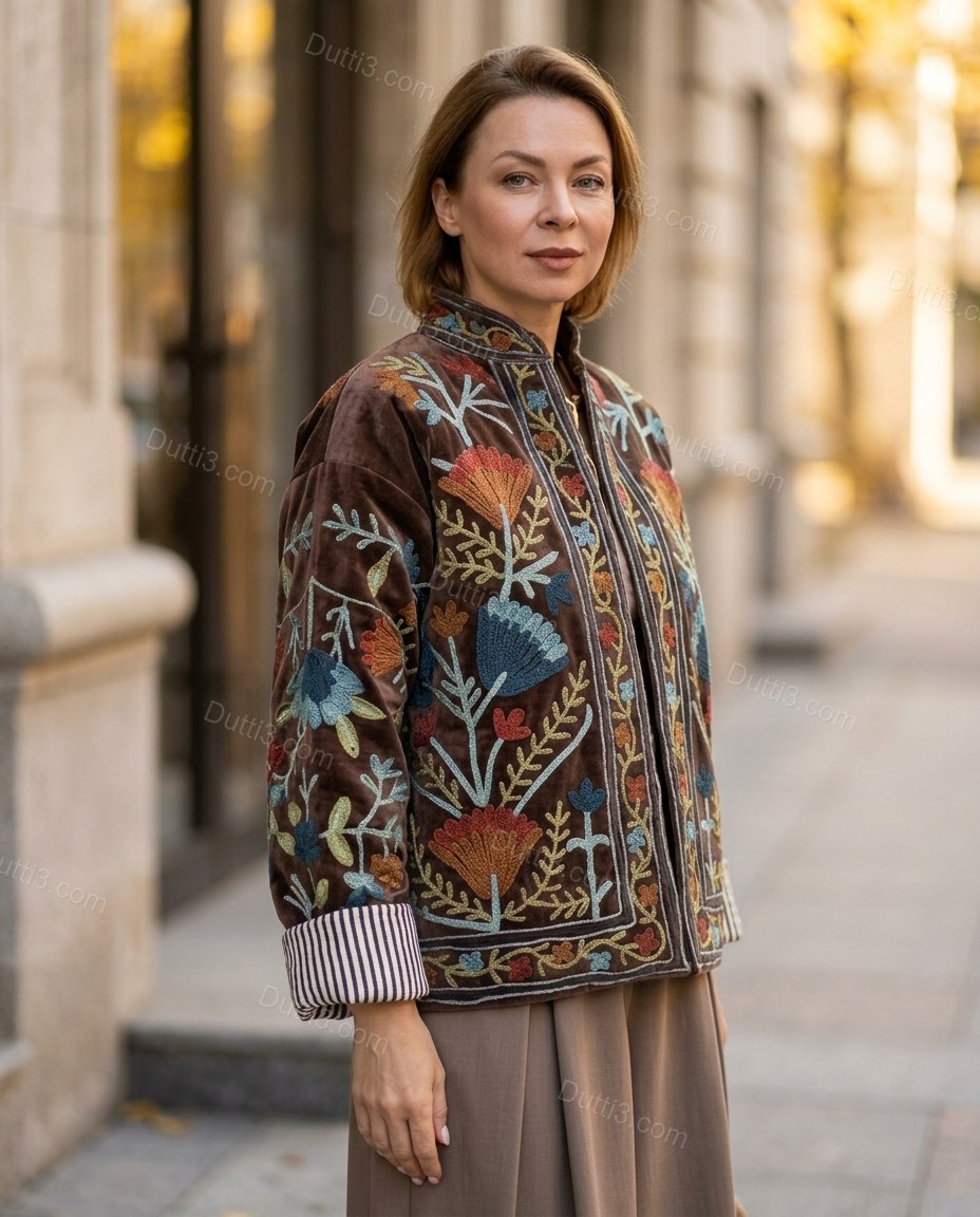 Brown Floral Embroidered Velvet Jacket, full-length hero view, by Dutti3
