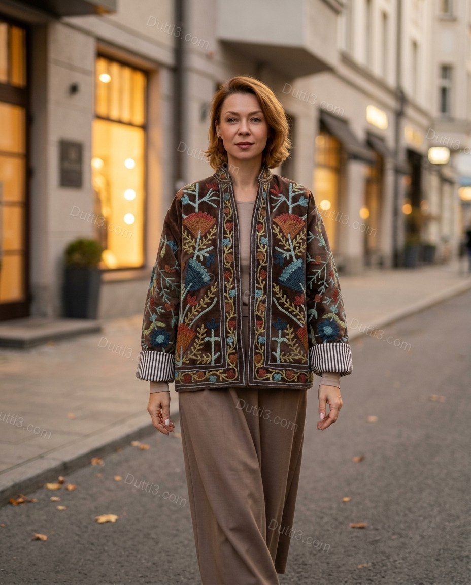 Brown Floral Embroidered Velvet Jacket, three-quarter brand lifestyle view, by Dutti3