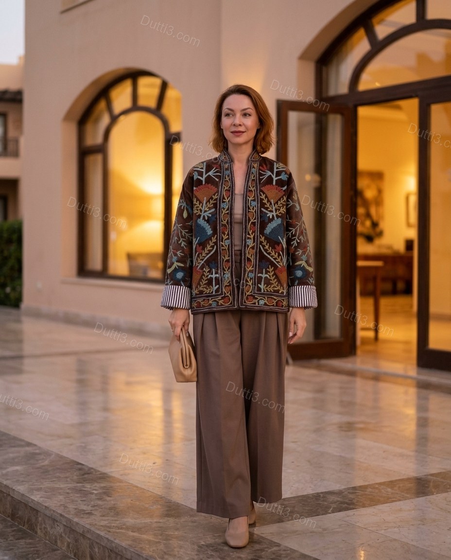 Brown Floral Embroidered Velvet Jacket, alternate use-case lifestyle view, by Dutti3