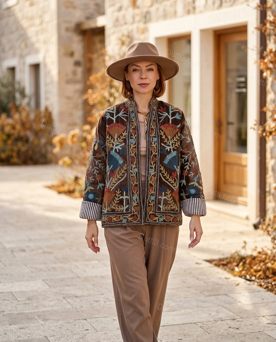 Brown Floral Embroidered Velvet Jacket, movement and fit lifestyle view, by Dutti3