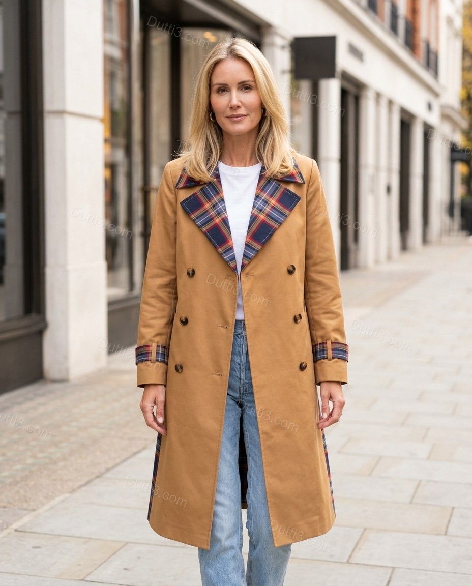Tan Plaid Coat, movement and fit lifestyle view, by Dutti3