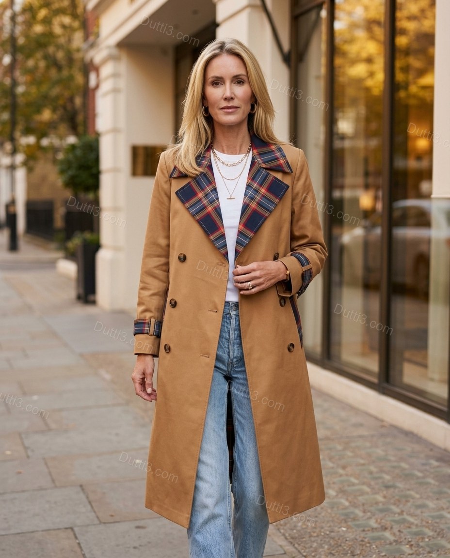 Tan Plaid Coat, full-length hero view, by Dutti3