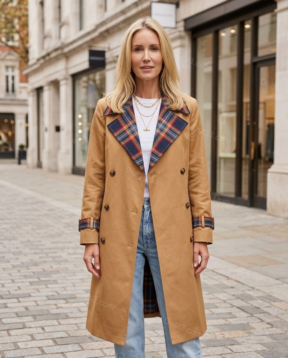 Tan Plaid Coat, three-quarter brand lifestyle view, by Dutti3