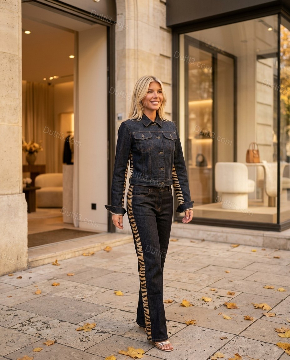 Dark Indigo Black Animal Print Denim Jacket & Pants Set, three-quarter brand lifestyle view, by Dutti3