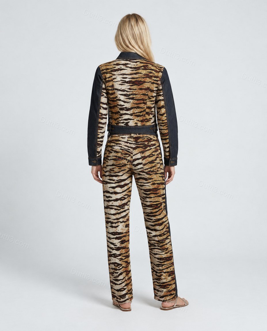 Dark Indigo Black Animal Print Denim Jacket & Pants Set, side and back studio view showing no visible back details, by Dutti3