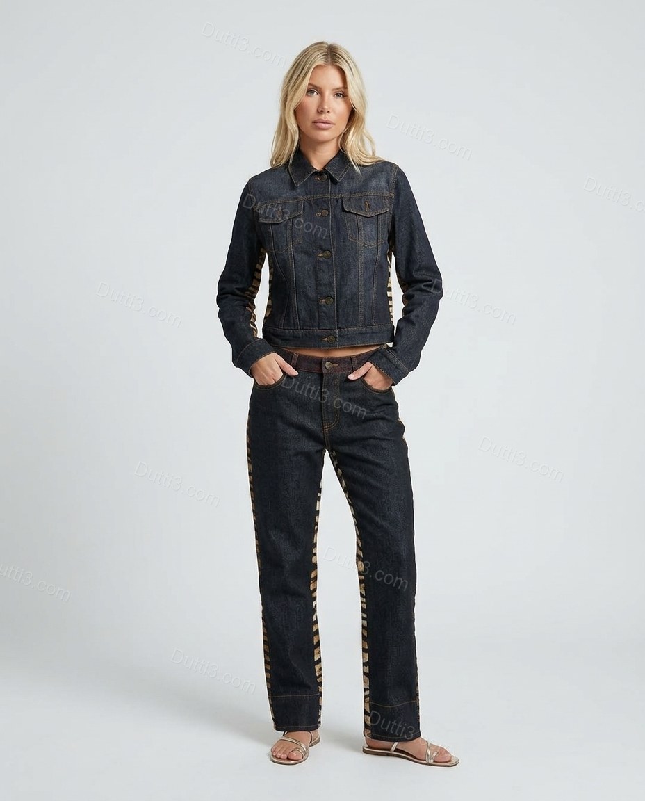 Dark Indigo Black Animal Print Denim Jacket & Pants Set, front studio view, by Dutti3