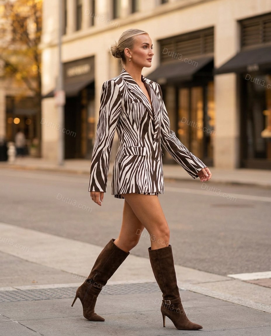 Brown Blazer, movement and fit lifestyle view, by Dutti3