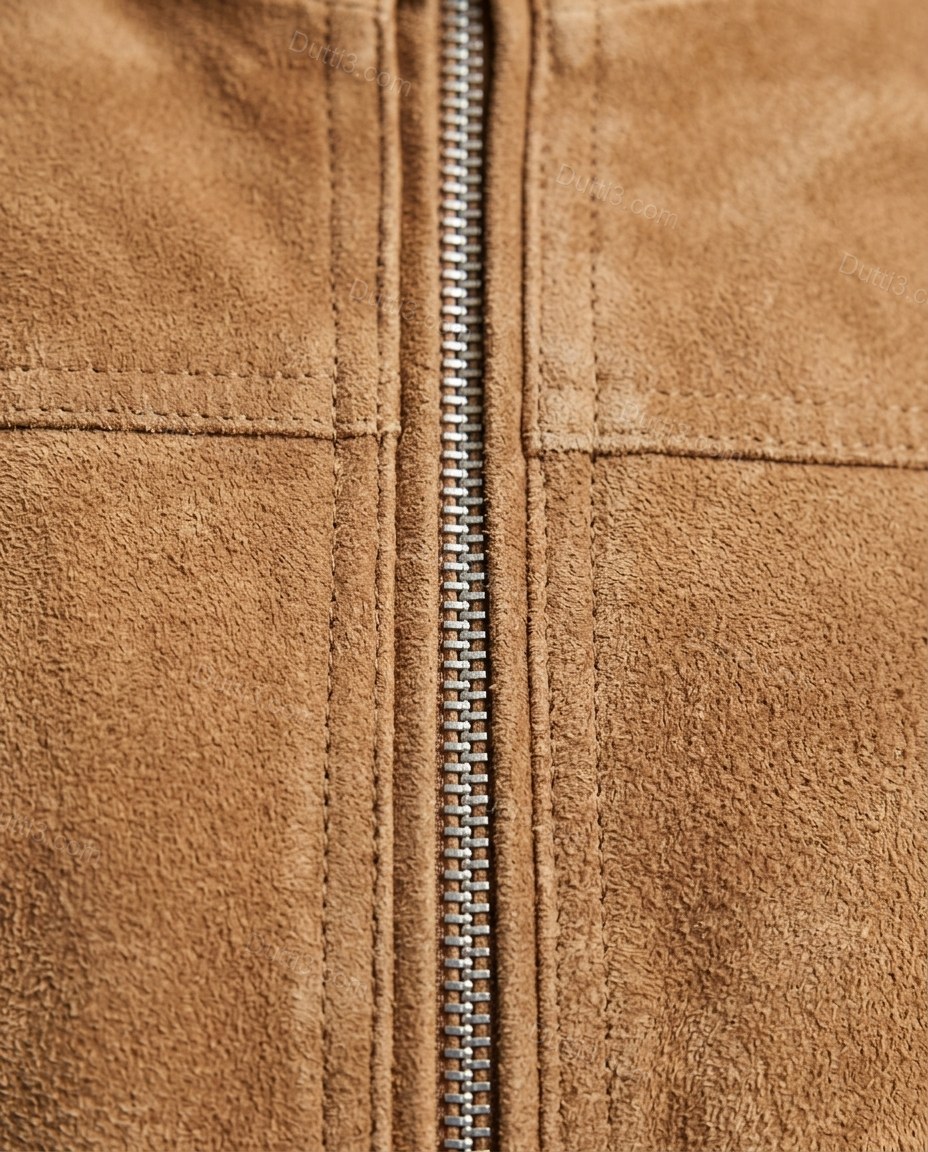 Tan Jacket, close-up of full-zip front closure, stand collar and visible seam detailing, by Dutti3