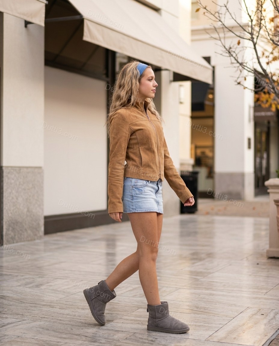 Tan Jacket, movement and fit lifestyle view, by Dutti3