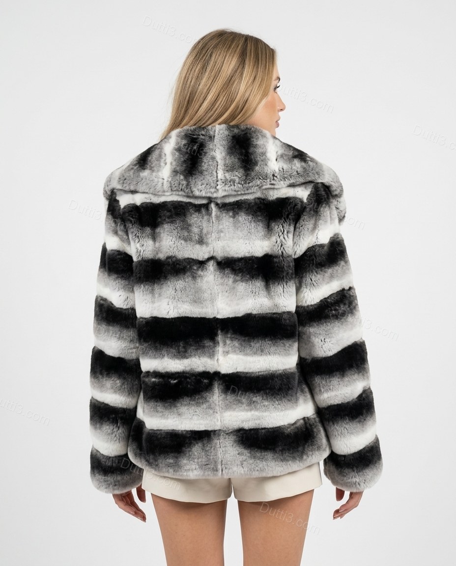 Black Animal Print Faux-Fur Jacket, back studio view showing seamless back with horizontal faux fur stripes, by Dutti3