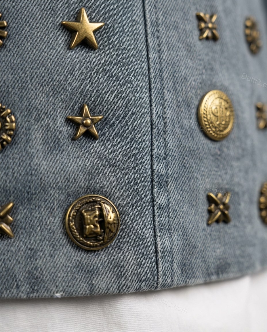 Light Blue Denim Jacket, close-up of gold accents, notched lapels and gold-toned embellishments, by Dutti3