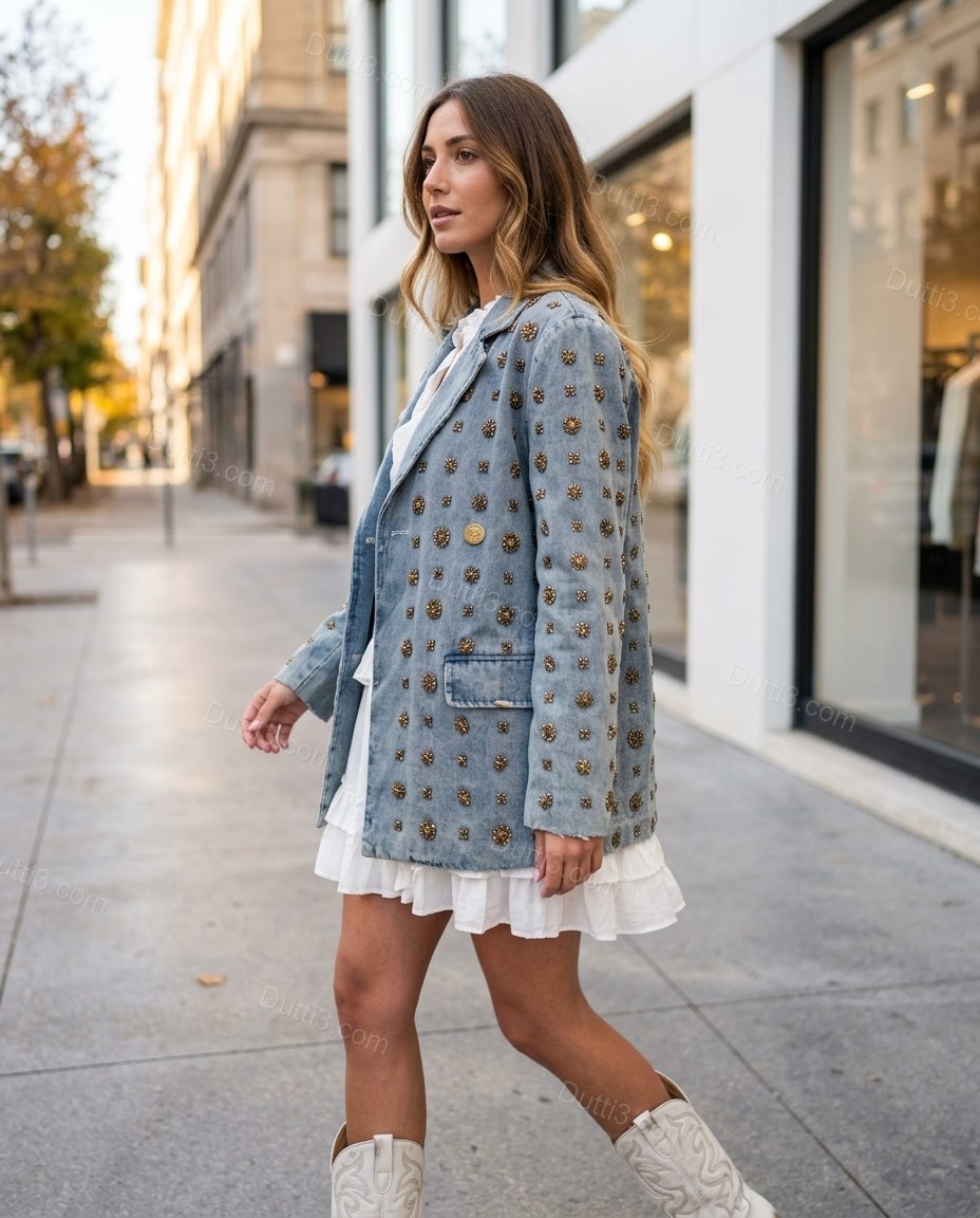 Light Blue Denim Jacket, movement and fit lifestyle view, by Dutti3