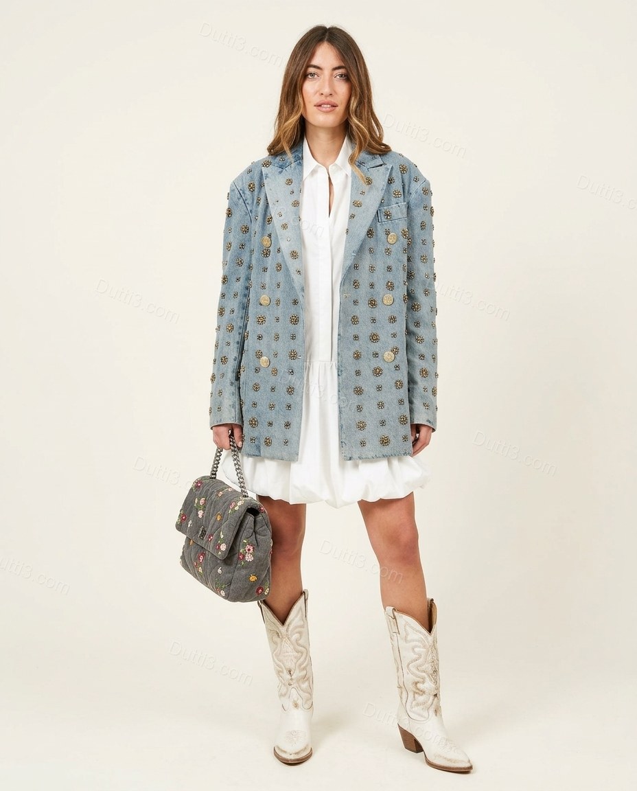 Light Blue Denim Jacket, front studio view, by Dutti3