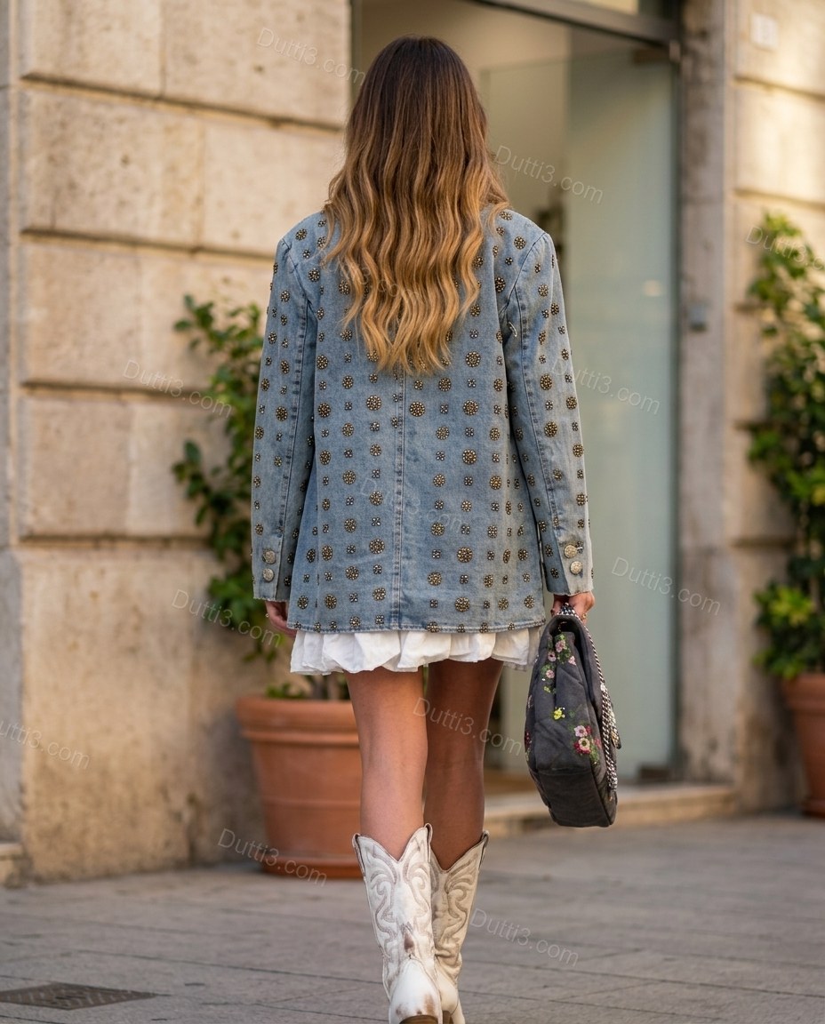 Light Blue Denim Jacket, walking lifestyle view, by Dutti3