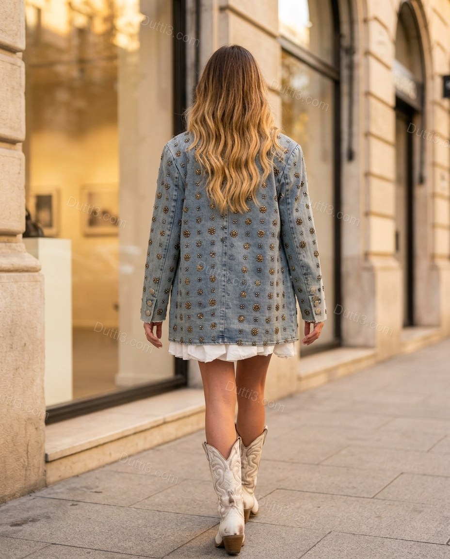 Light Blue Denim Jacket, three-quarter brand lifestyle view, by Dutti3