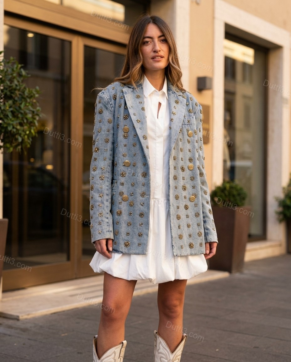Light Blue Denim Jacket, full-length hero view, by Dutti3