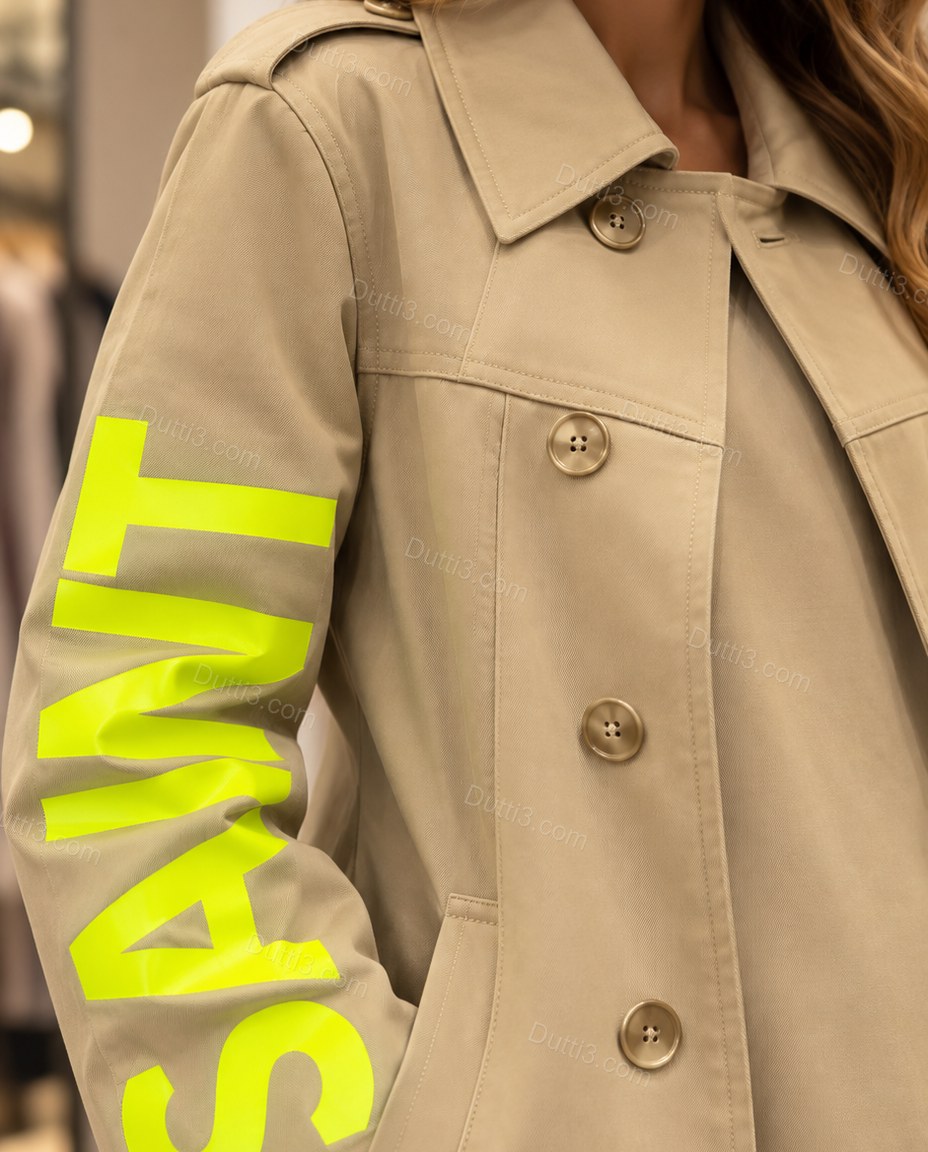 Light Beige Khaki Rhinestone Knit Ribbed Coat, close-up of neon yellow accents, drawstring waist and side pockets, by Dutti3