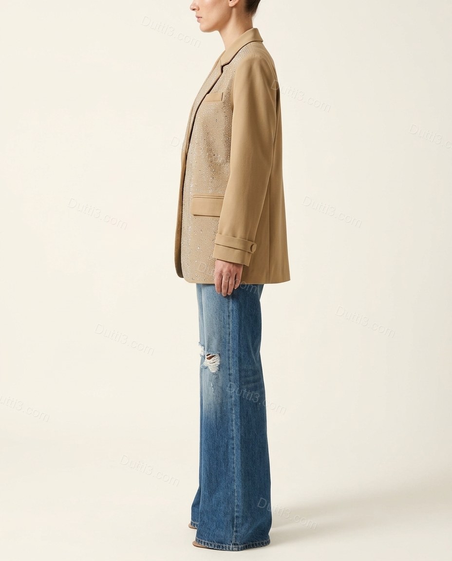 Tan Rhinestone Blazer, side and back studio view showing not visible, by Dutti3