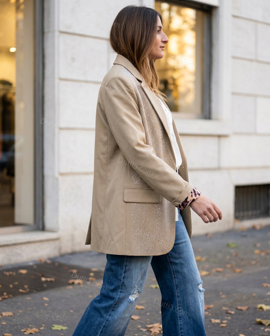 Tan Rhinestone Blazer, movement and fit lifestyle view, by Dutti3