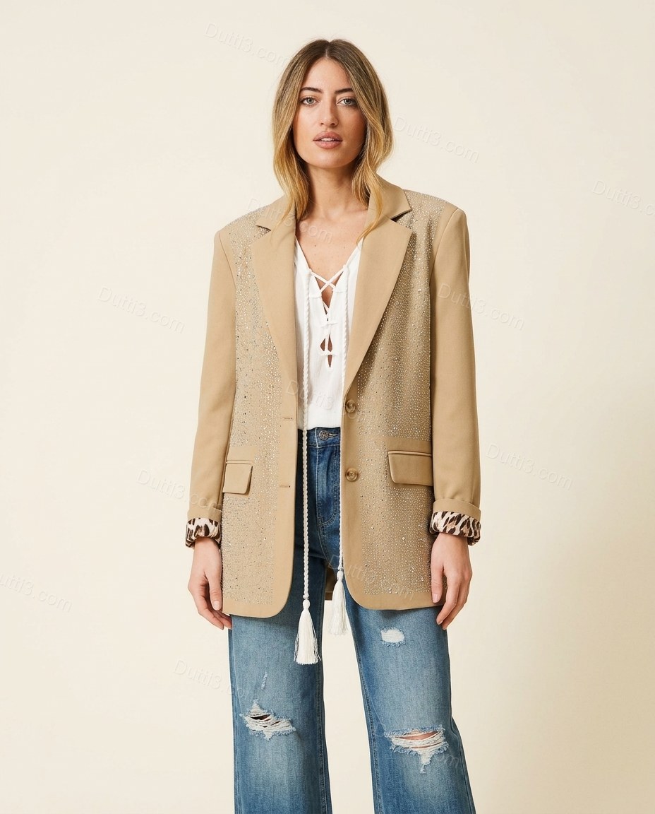 Tan Rhinestone Blazer, front studio view, by Dutti3
