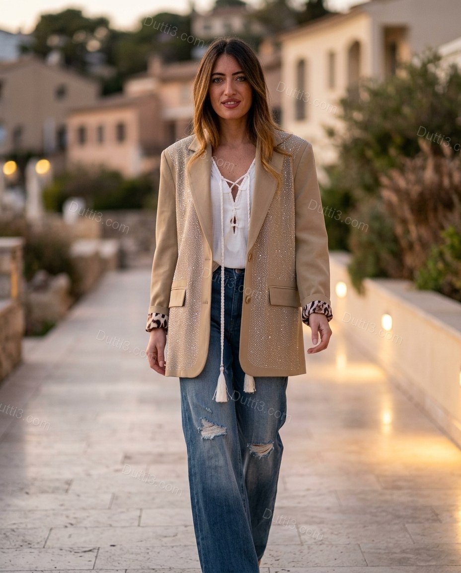 Tan Rhinestone Blazer, three-quarter brand lifestyle view, by Dutti3