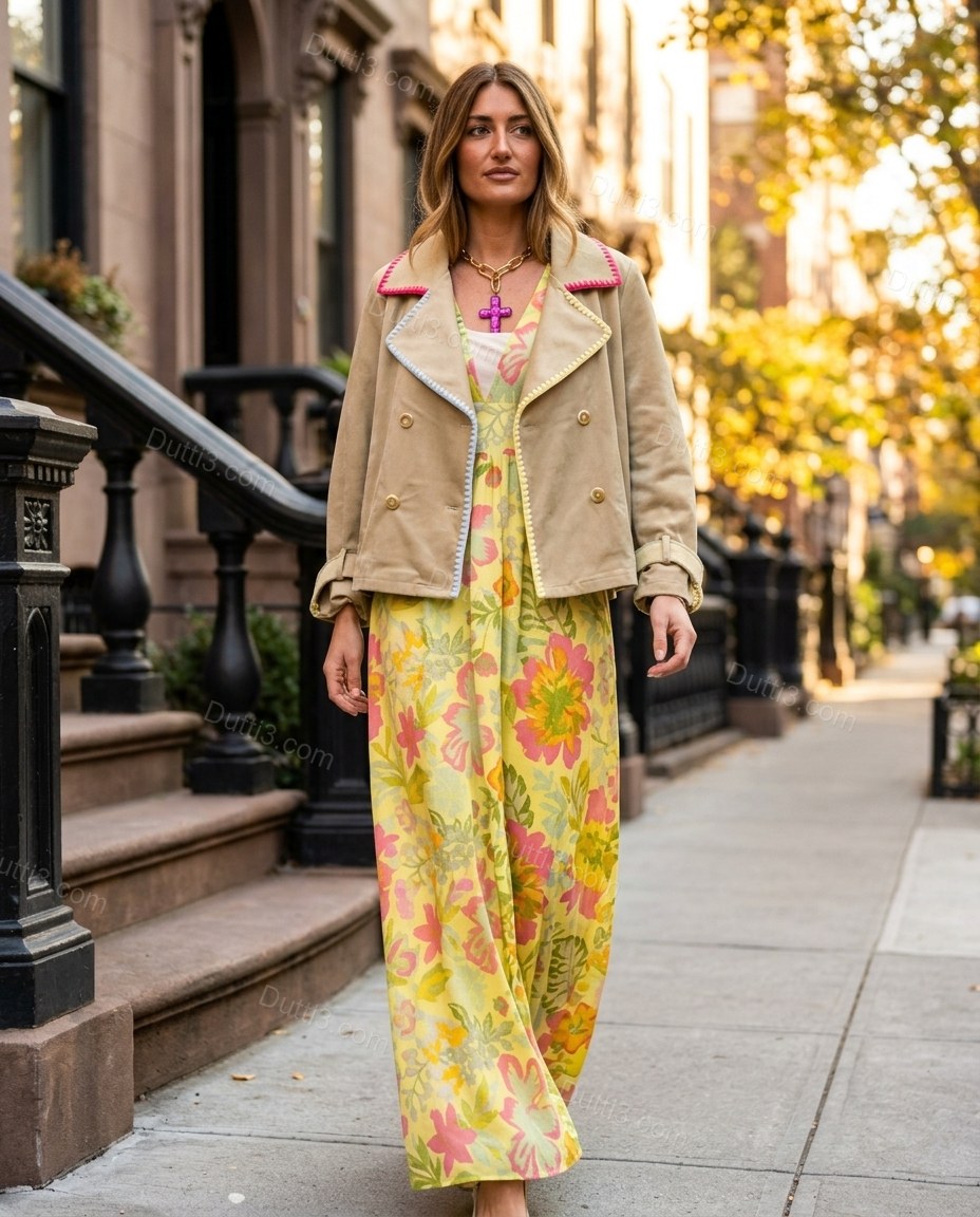 Light Tan Floral Tiered Jacket, walking lifestyle view, by Dutti3