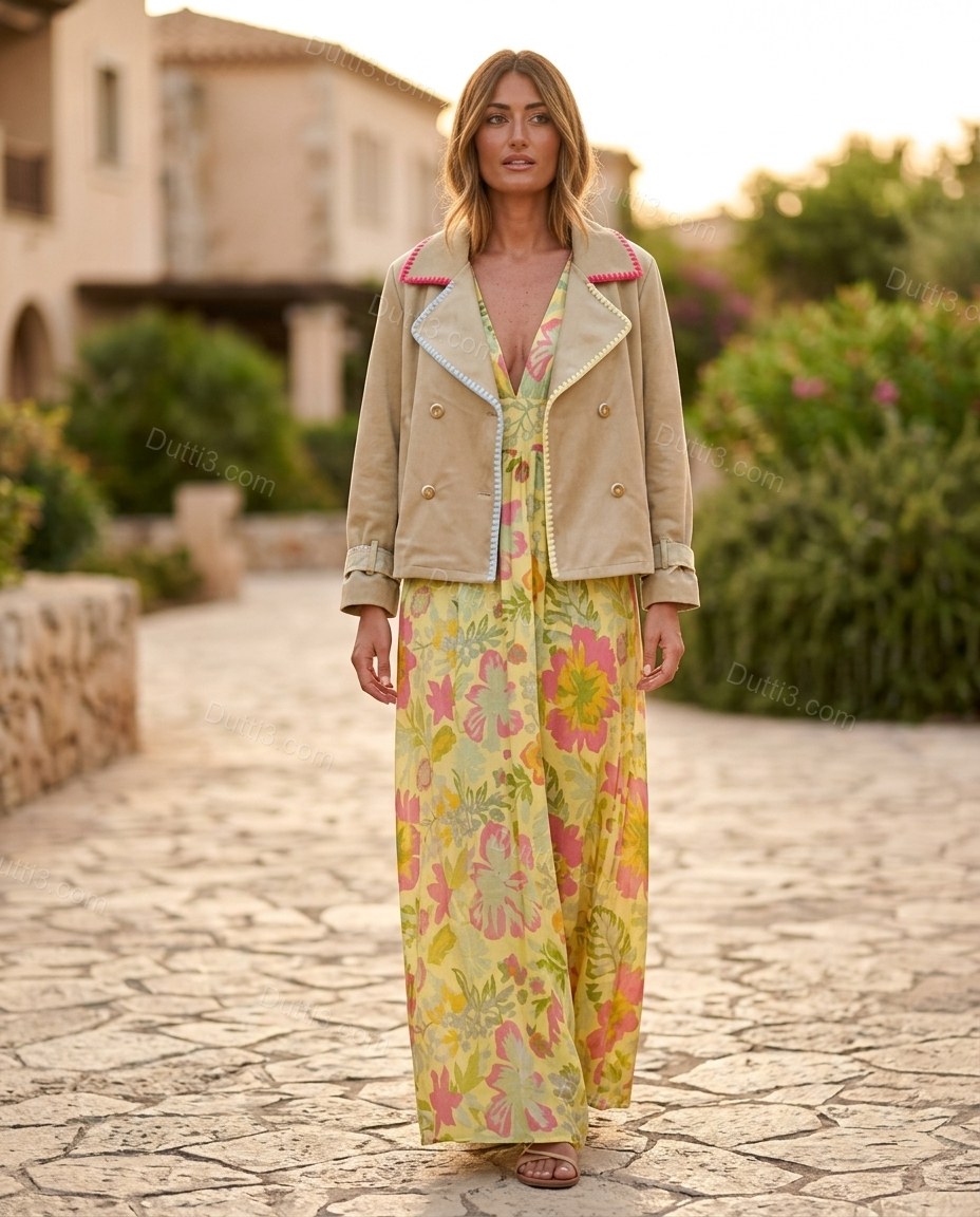 Light Tan Floral Tiered Jacket, alternate use-case lifestyle view, by Dutti3