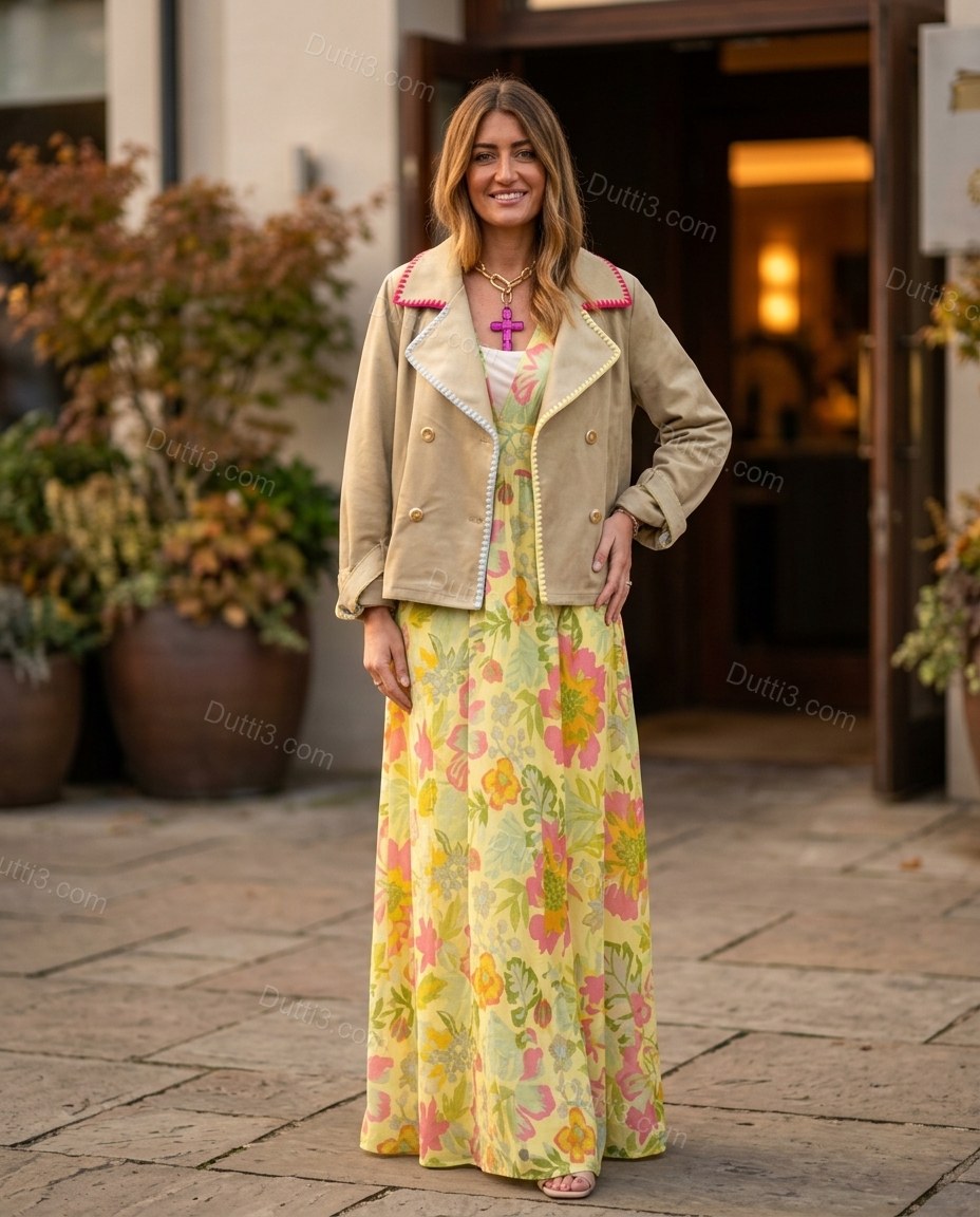 Light Tan Floral Tiered Jacket, three-quarter brand lifestyle view, by Dutti3